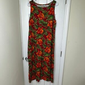 Notations Womens Red Tropical Floral Hibiscus Sleeveless Maxi Dress Side Slit L